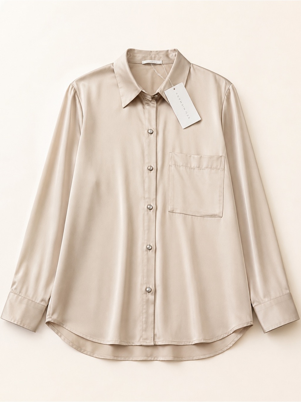 Long-Sleeve Button-Down Blouse in Light Beige